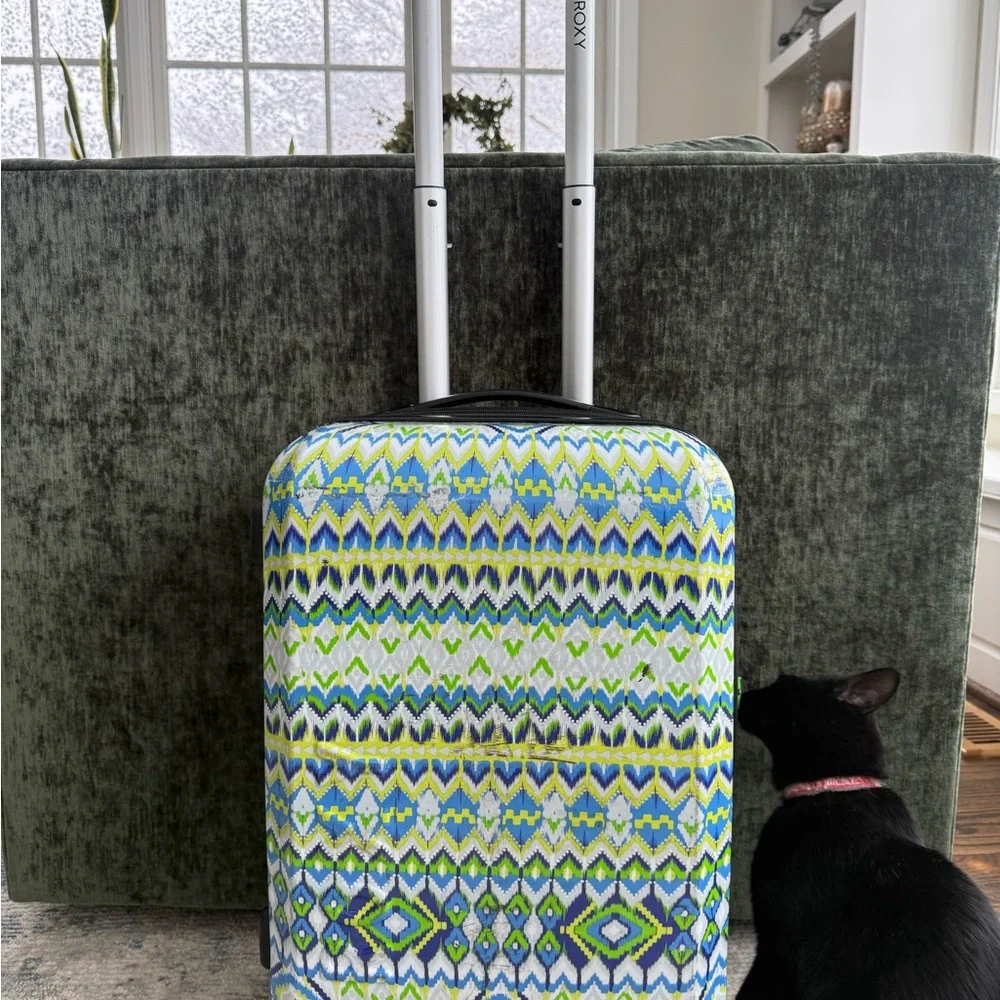 Roxy Geometric Blue and Green Suitcase Carry On Hardsided expandable Y2K Clean